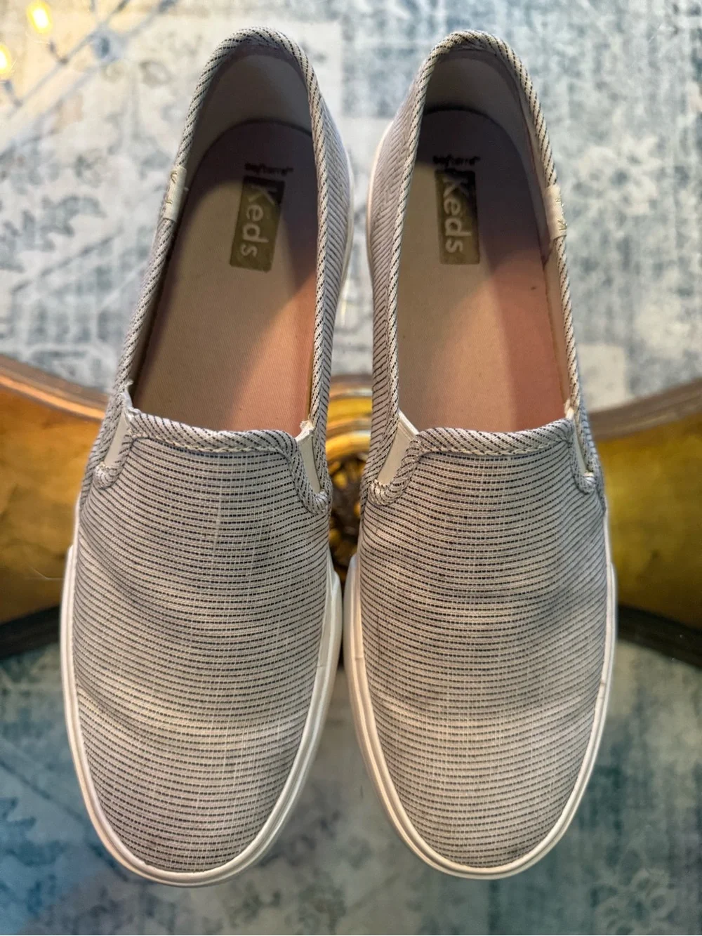 Keds Women's Double Decker Beige & White Striped Canvas Slip-On Sneakers 10